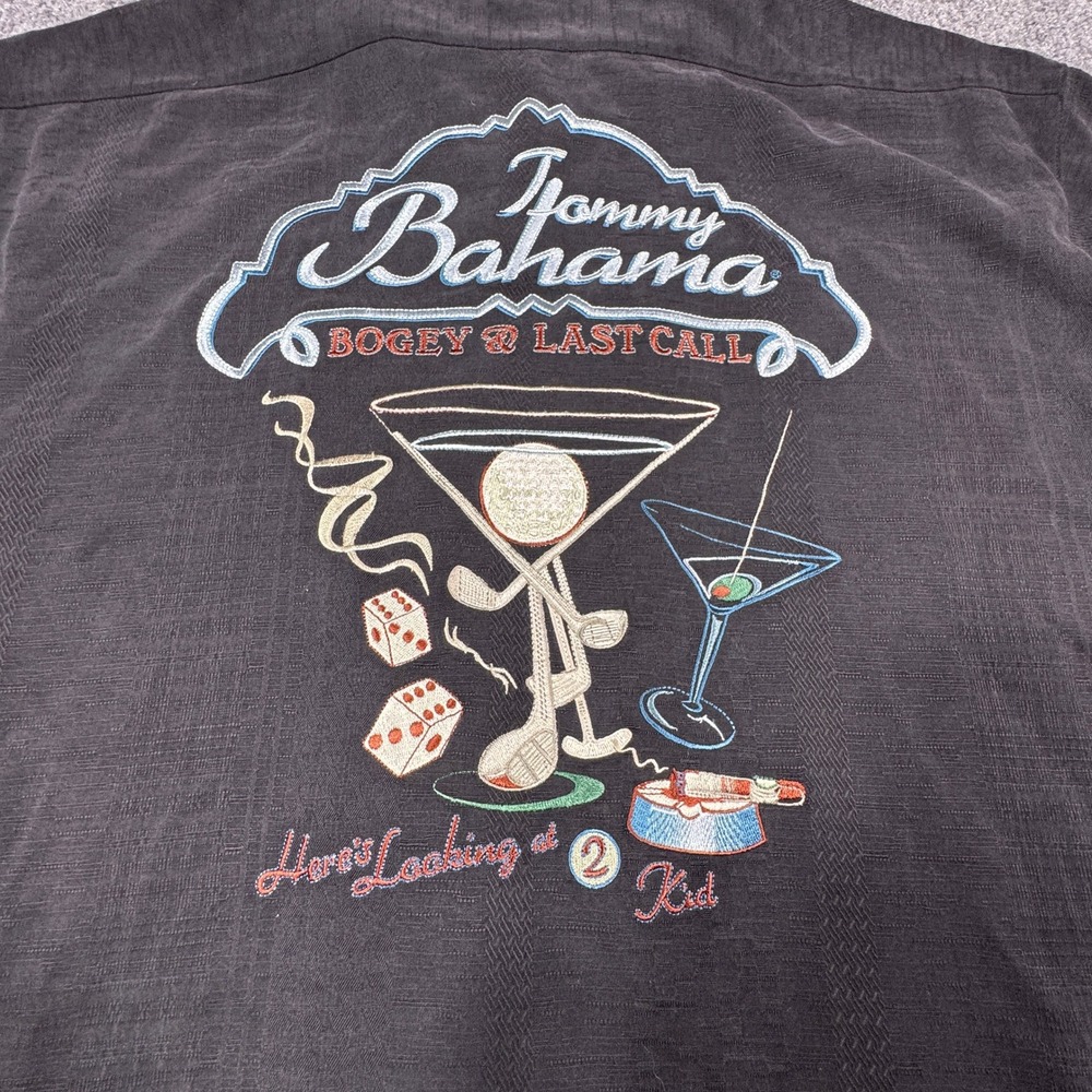 Tommy Bahama Mens Silk Camp Shirt Black Bogey & Last Call Embroidered Golf M
